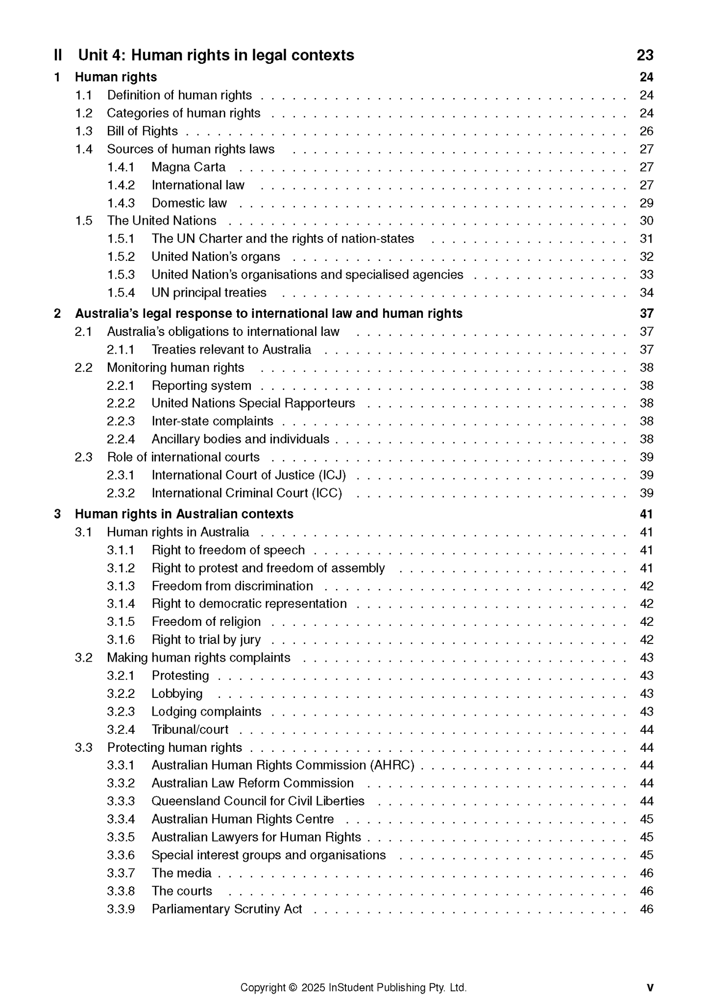 Course notes page by ATAR Notes, displaying a table of contents for QCE Legal Studies human rights topics.