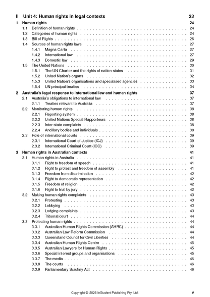 Course notes page by ATAR Notes, displaying a table of contents for QCE Legal Studies human rights topics.