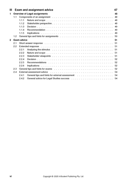 Course Notes for Legal Studies by ATAR Notes, displaying a table of contents for exam and assignment advice.
