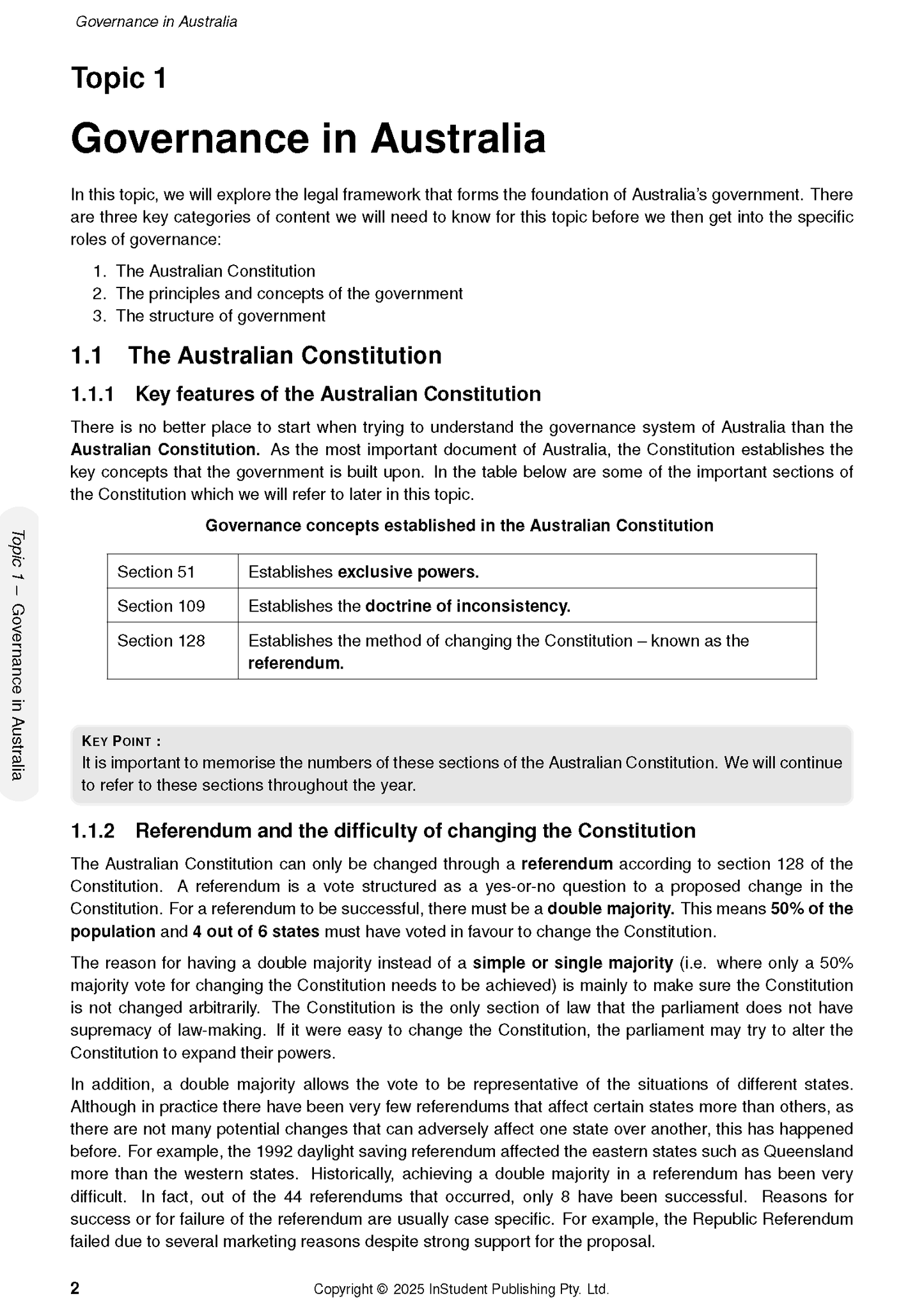 A page from Legal Studies course notes by ATAR Notes, displaying "Governance in Australia" with text, headings, and a table.