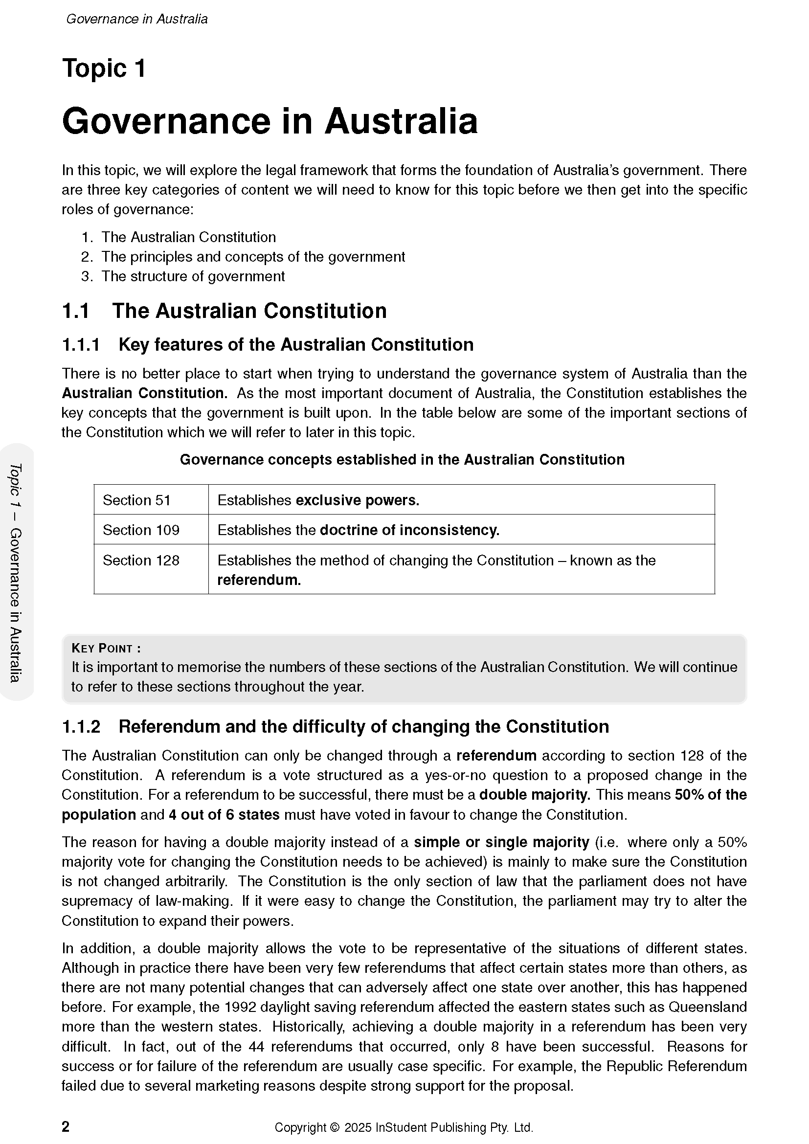 A page from Legal Studies course notes by ATAR Notes, displaying "Governance in Australia" with text, headings, and a table.