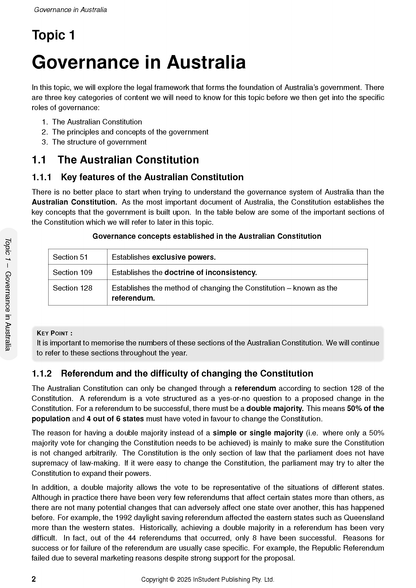 A page from Legal Studies course notes by ATAR Notes, displaying "Governance in Australia" with text, headings, and a table.