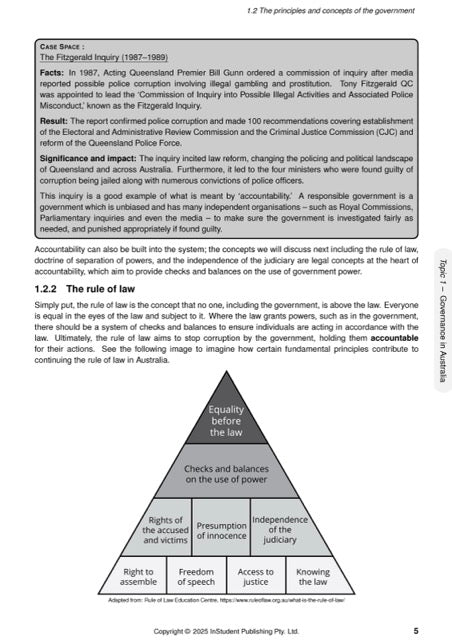 Legal Studies Complete Course Notes by ATAR Notes, showing a page with text and a rule of law pyramid diagram.