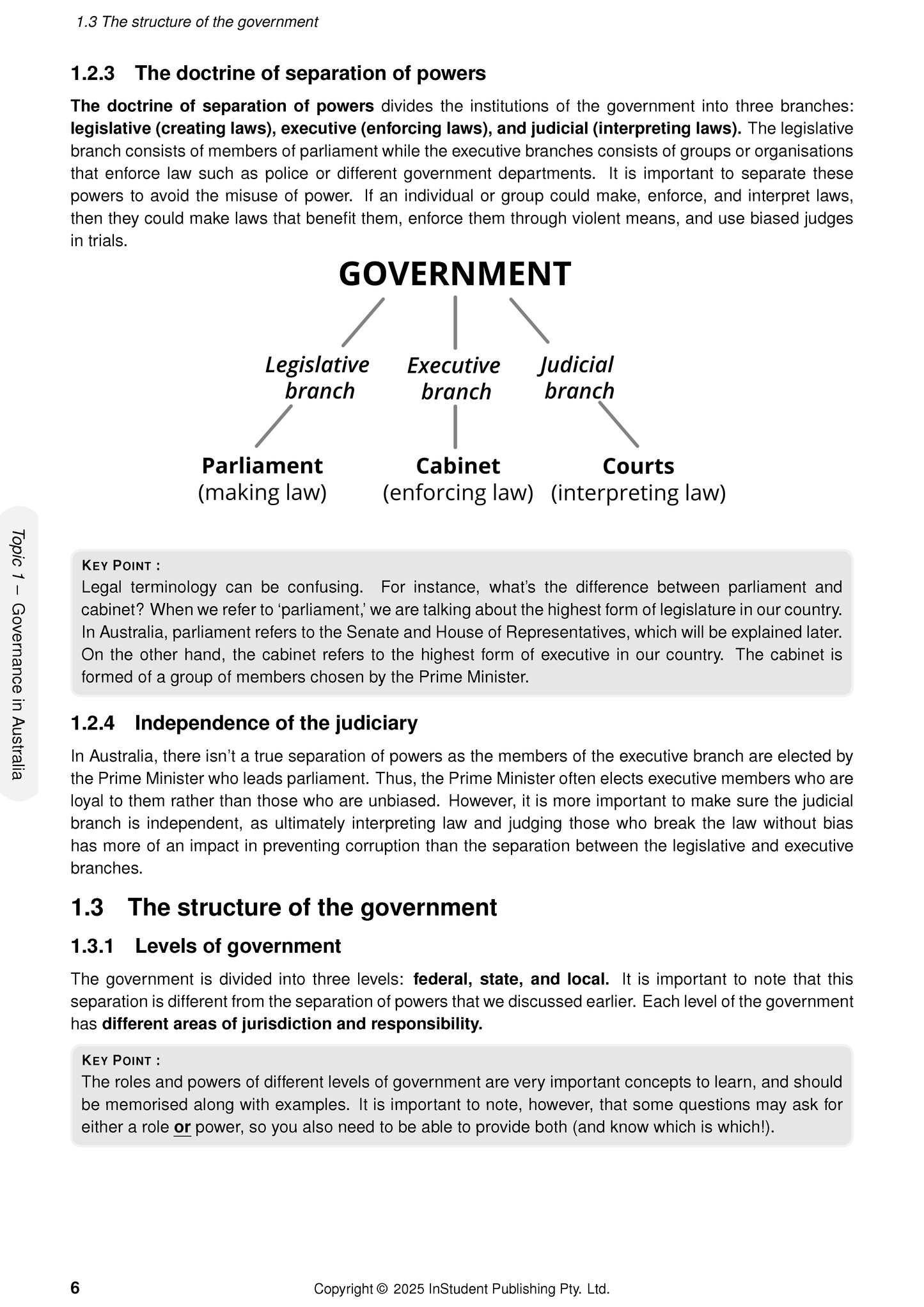 Course Notes page detailing government structure by ATAR Notes, showing text and a diagram of government branches.