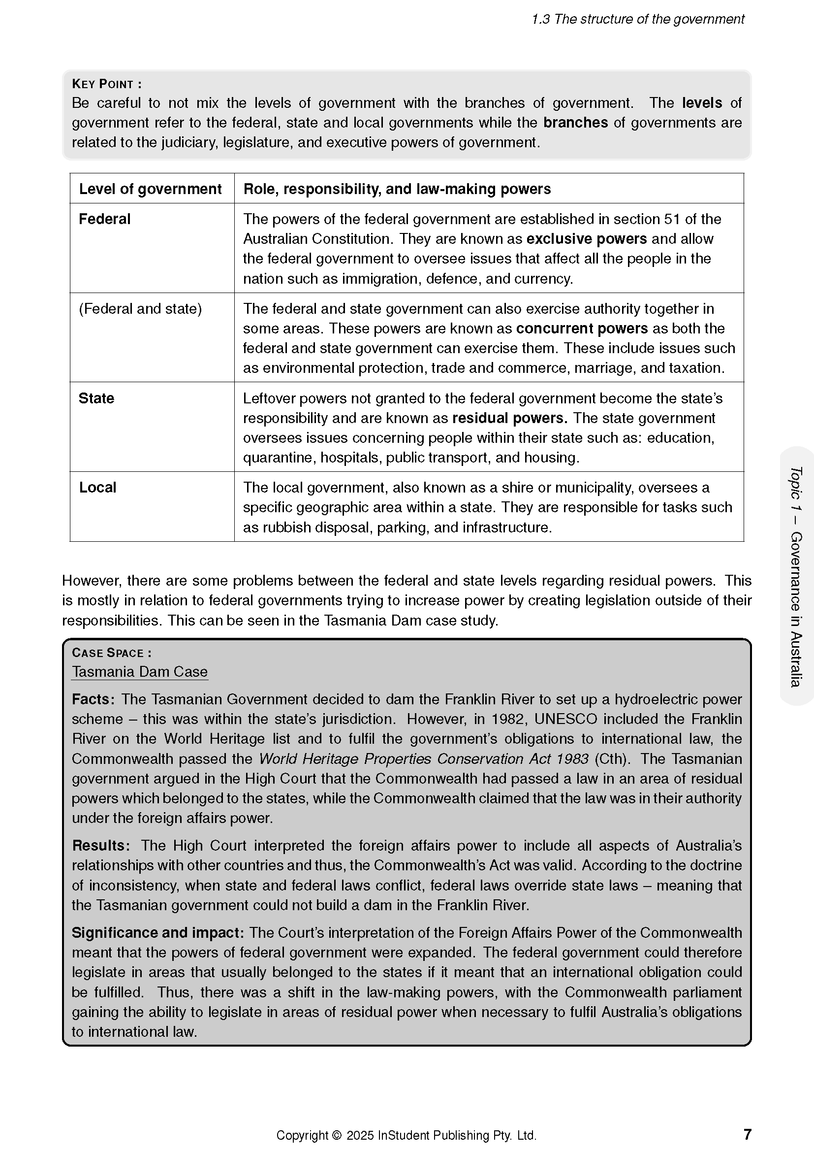 Legal Studies Course Notes page by ATAR Notes, showing government structure details and the Tasmania Dam case study.