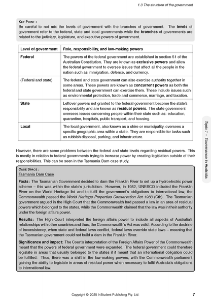 Legal Studies Course Notes page by ATAR Notes, showing government structure details and the Tasmania Dam case study.