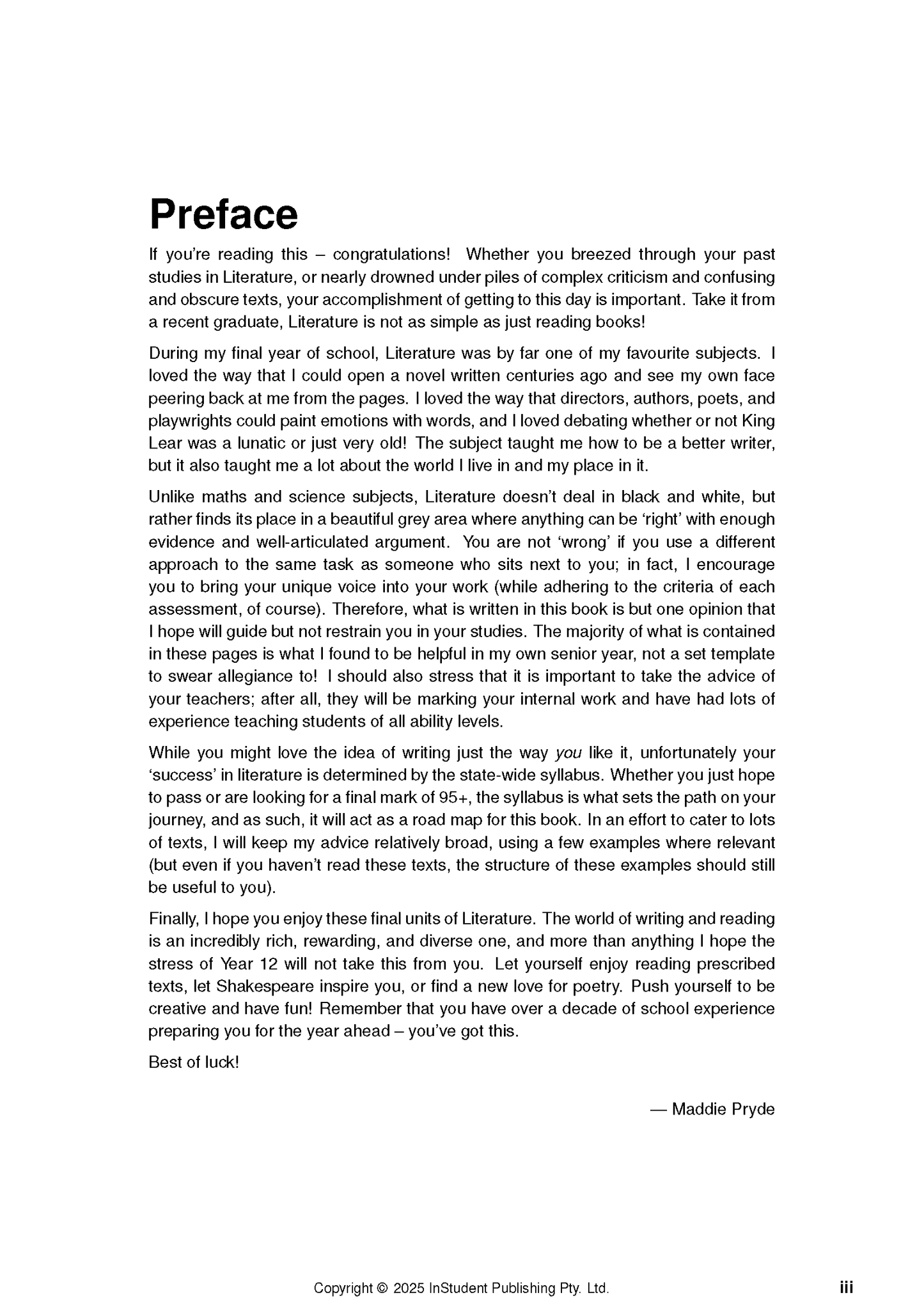 Course notes by ATAR Notes, a white preface page with black text, copyright details, and page number "iii".