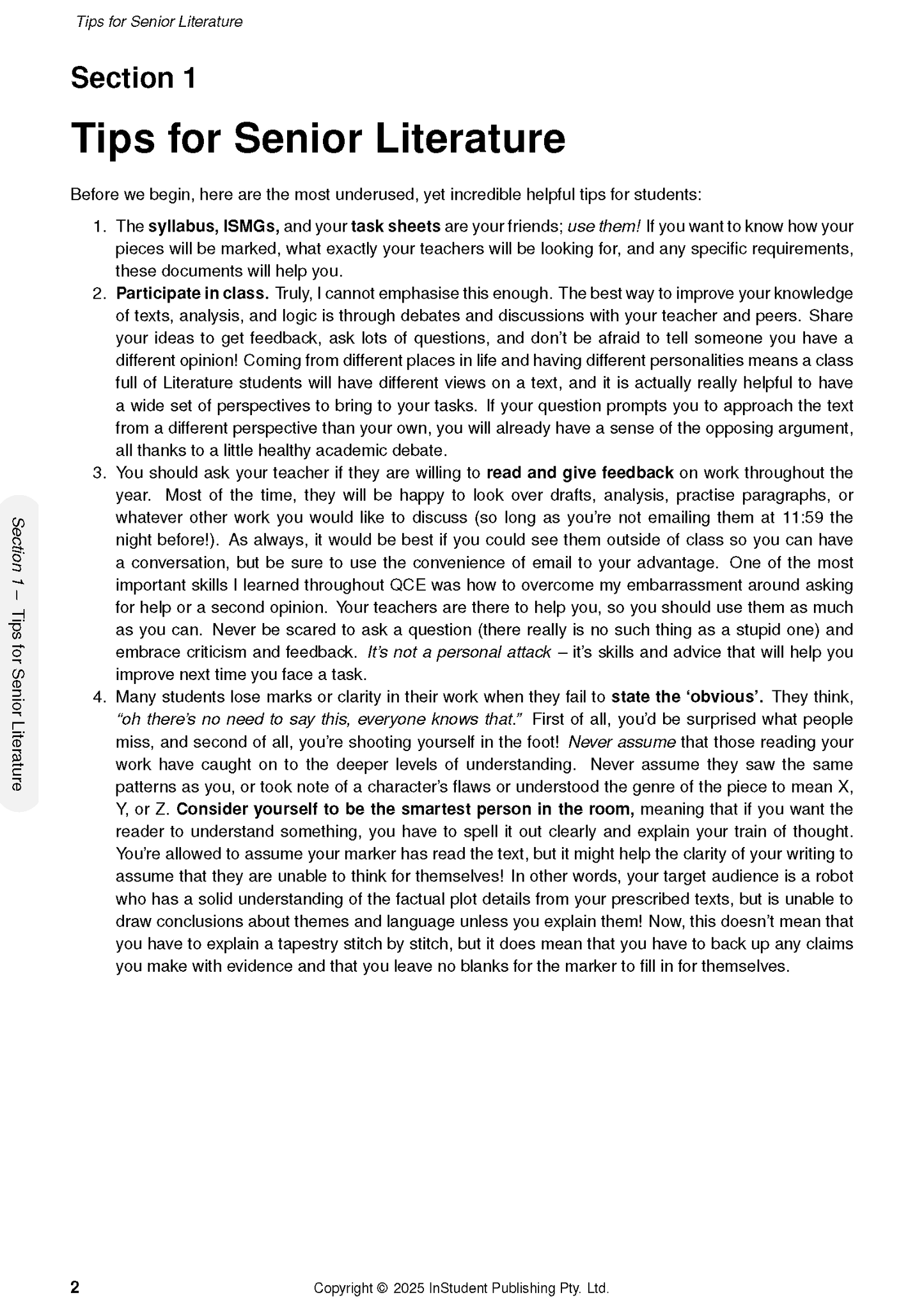 White page of Course Notes by ATAR Notes, presenting 'Tips for Senior Literature' with numbered sections, bold text, and a sidebar.