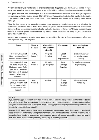 White page of Course Notes by ATAR Notes, displaying a table of literary quotes and analysis with black text.