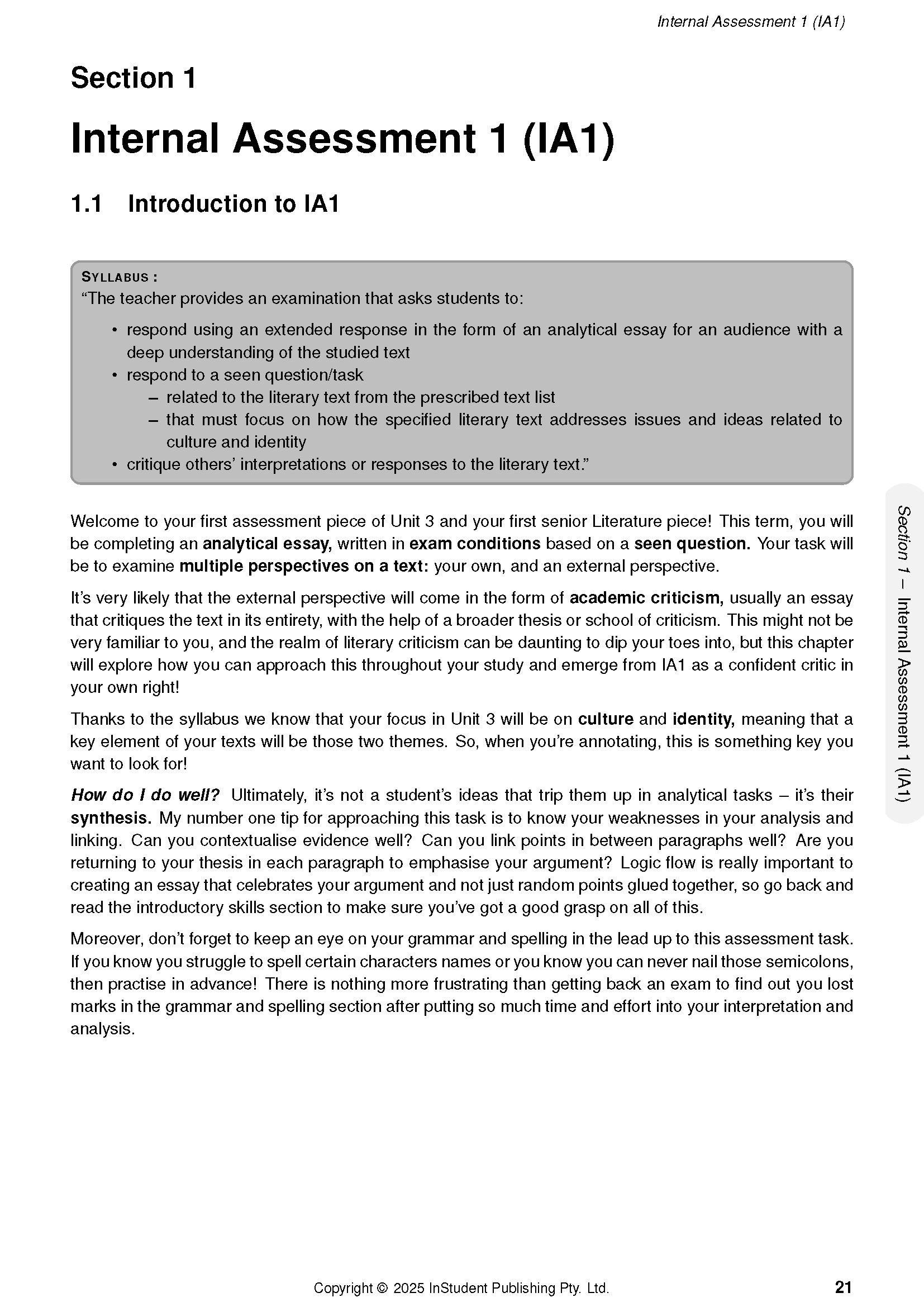 QCE Literature Course Notes page from ATAR Notes, displaying the 'Internal Assessment 1 (IA1)' section with a grey syllabus box and black text.