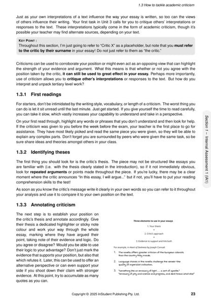 Cropped view of open white course notes by ATAR Notes with black text on academic criticism and essay writing tips.