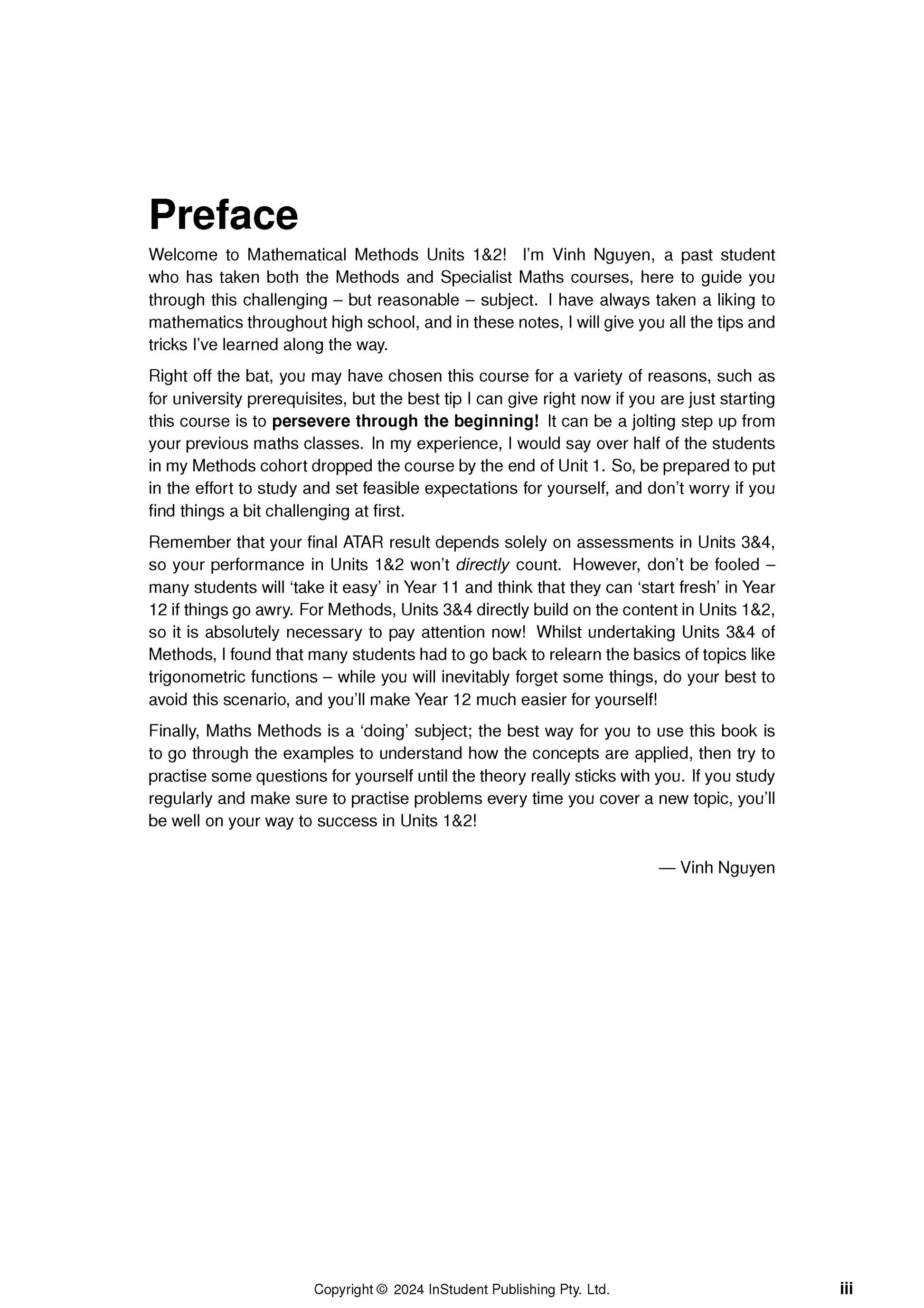 Course notes page by ATAR Notes with a bold "Preface" title, black body text, page number "iii", and copyright notice.