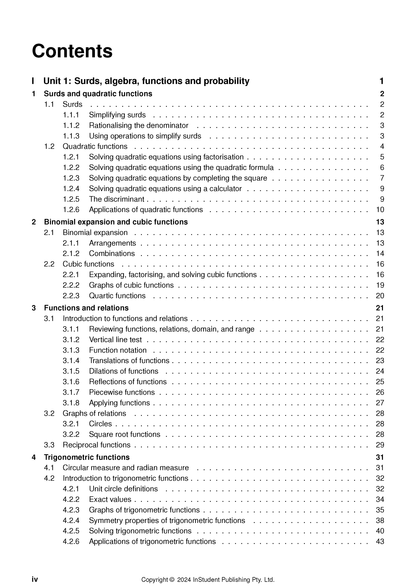 Course notes by ATAR Notes featuring a contents page with four units listed, from surds to trigonometric functions.