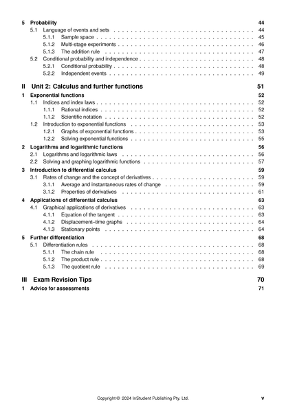 QCE Maths Methods Course Notes by ATAR Notes, showing the table of contents with listed sections and page numbers.