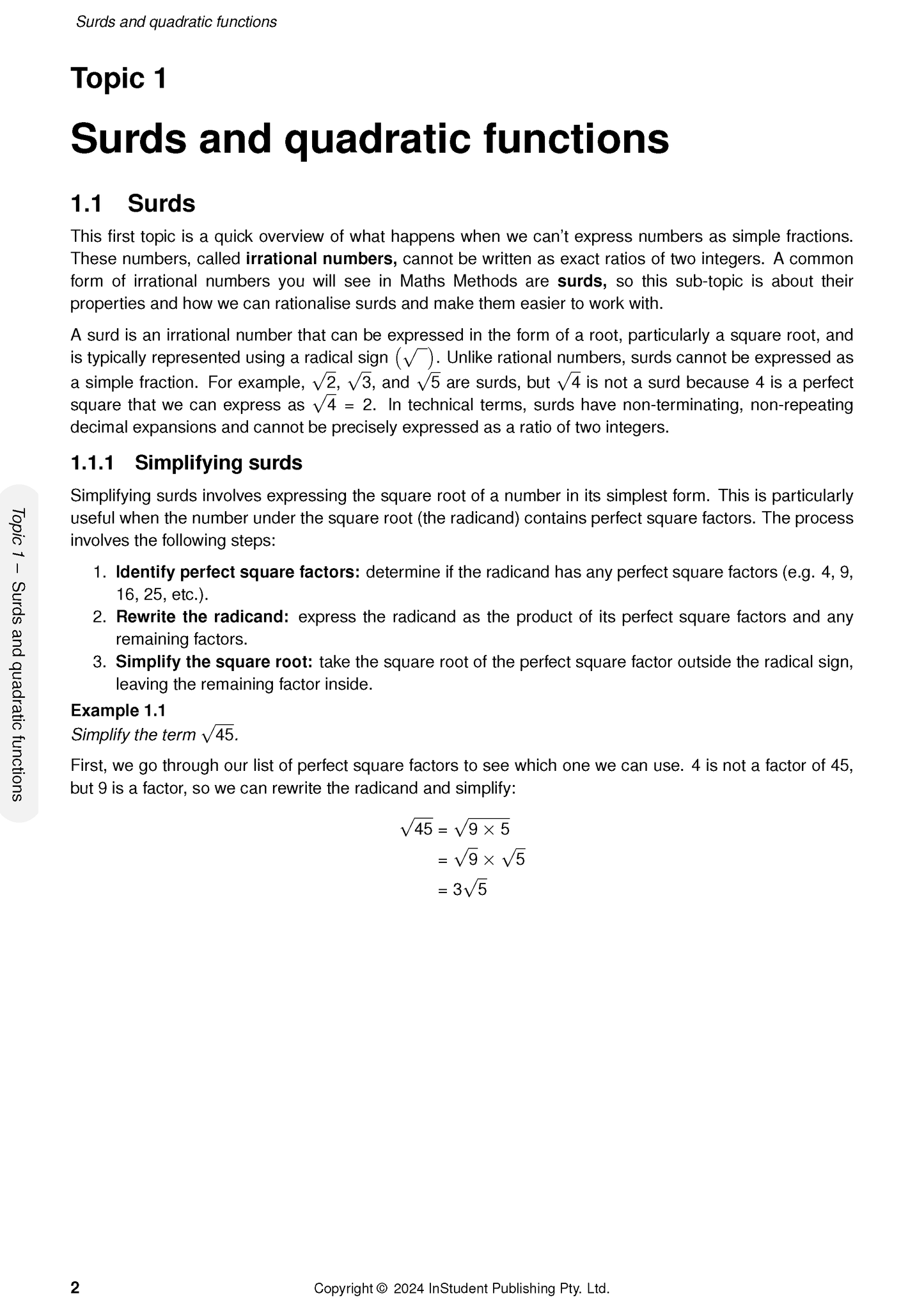 White page of Course Notes by ATAR Notes, detailing Surds and quadratic functions with a math example.