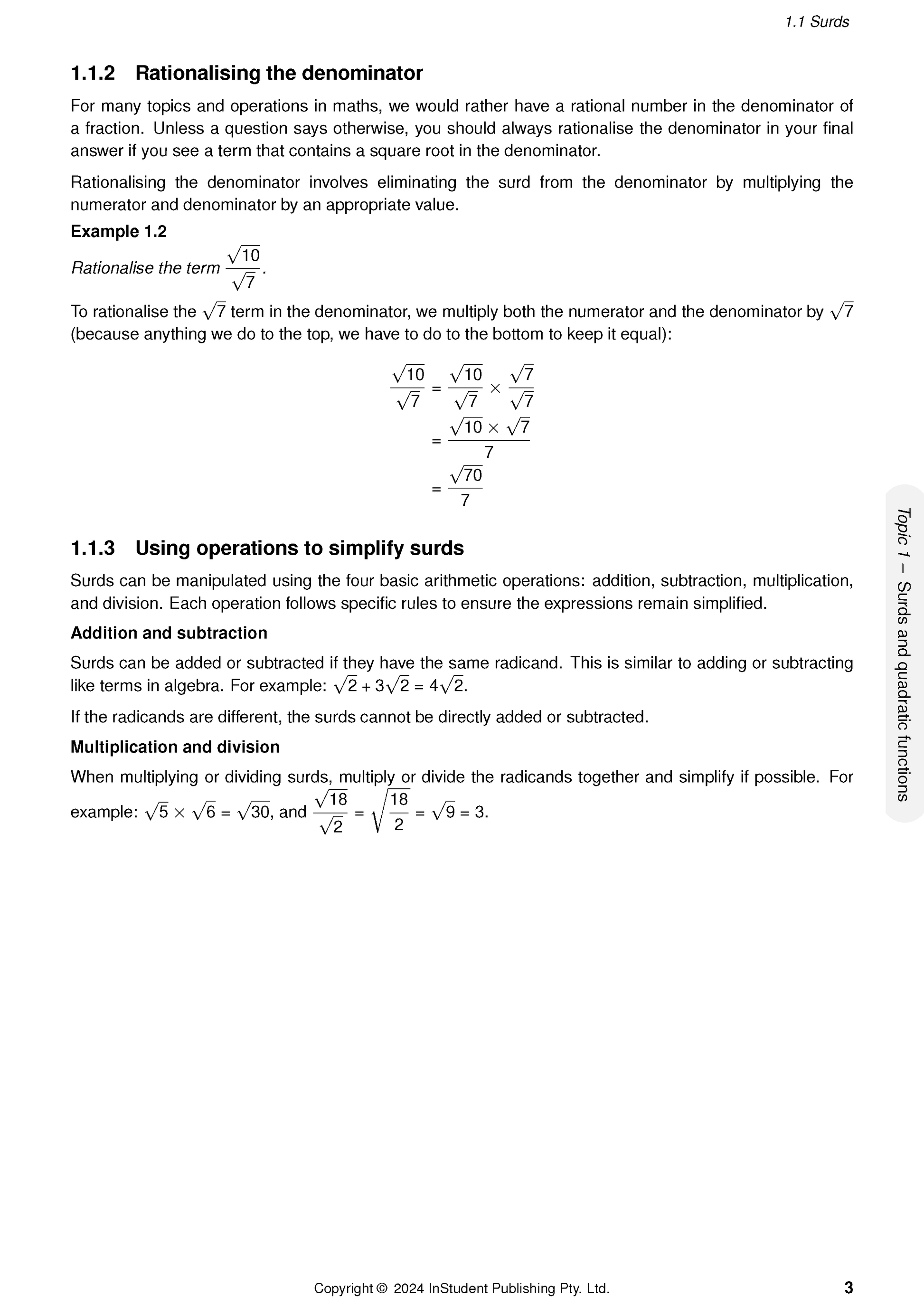Course Notes by ATAR Notes, displaying a page on rationalising and simplifying surds with mathematical examples.