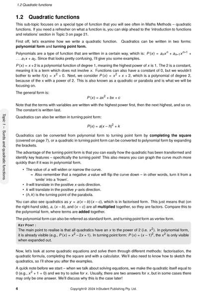 White page of Course Notes by ATAR Notes, open to a chapter on quadratic functions with mathematical formulas and explanations.