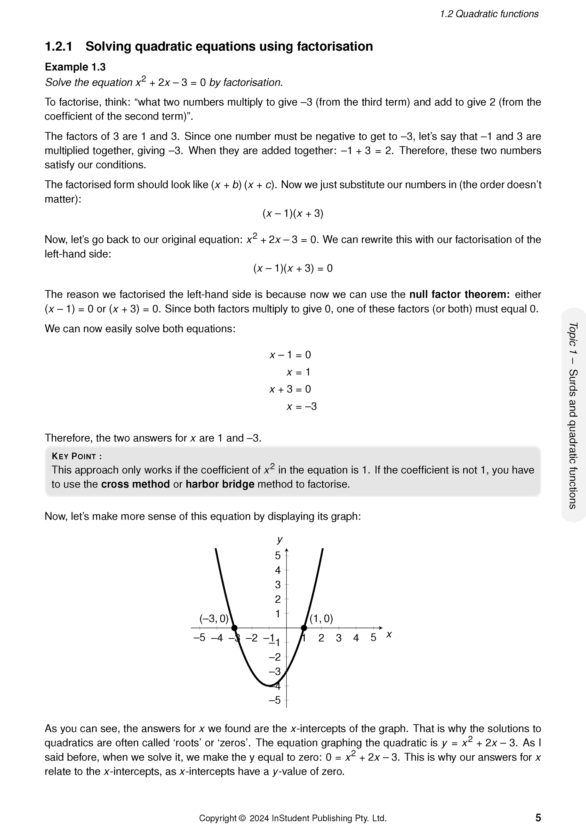 Course notes page by ATAR Notes detailing solving quadratic equations by factorisation and showing a graph of a parabola with x-intercepts.