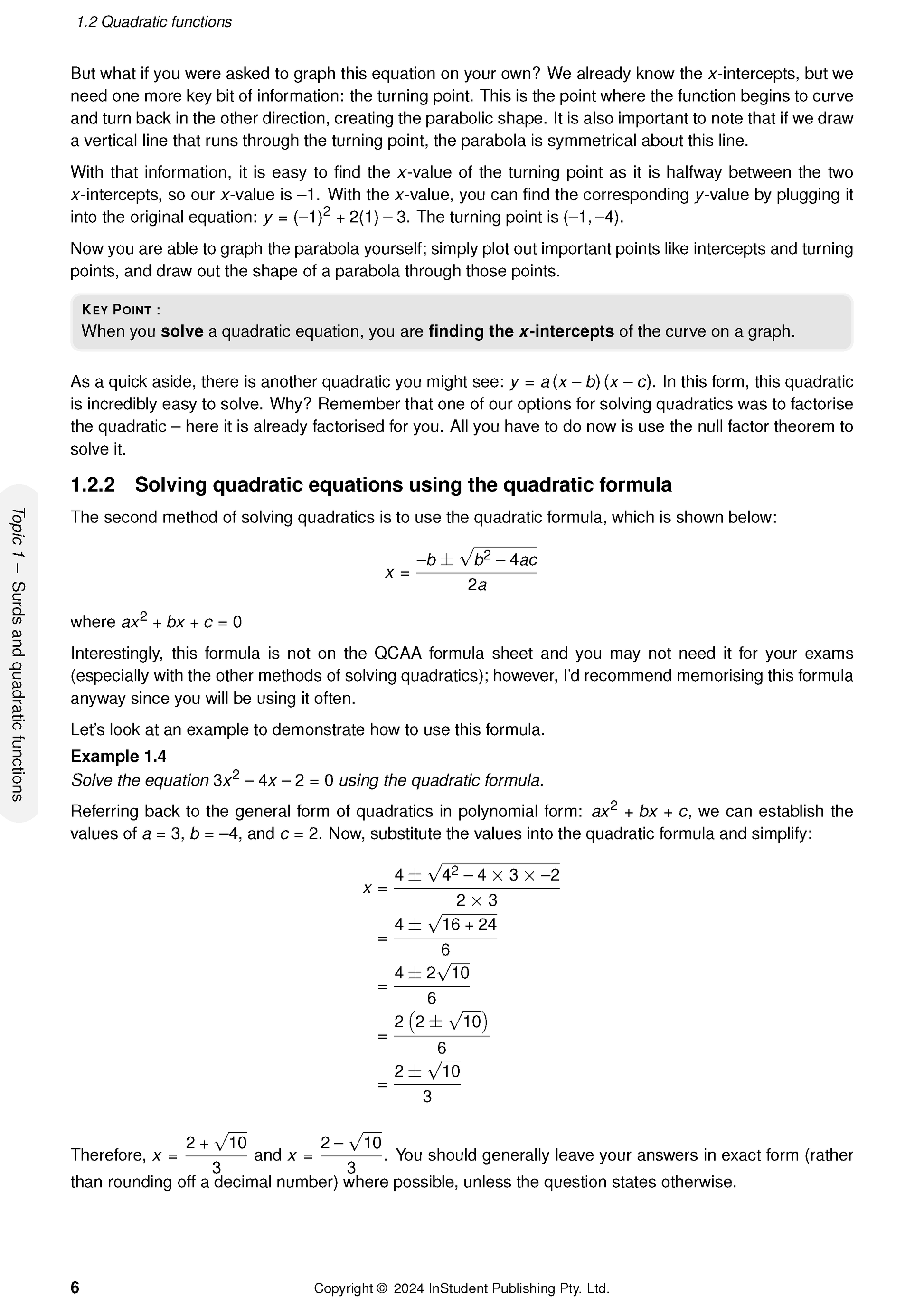 Printed page of Course Notes by ATAR Notes displaying quadratic equations, mathematical formulas, and explanatory text.