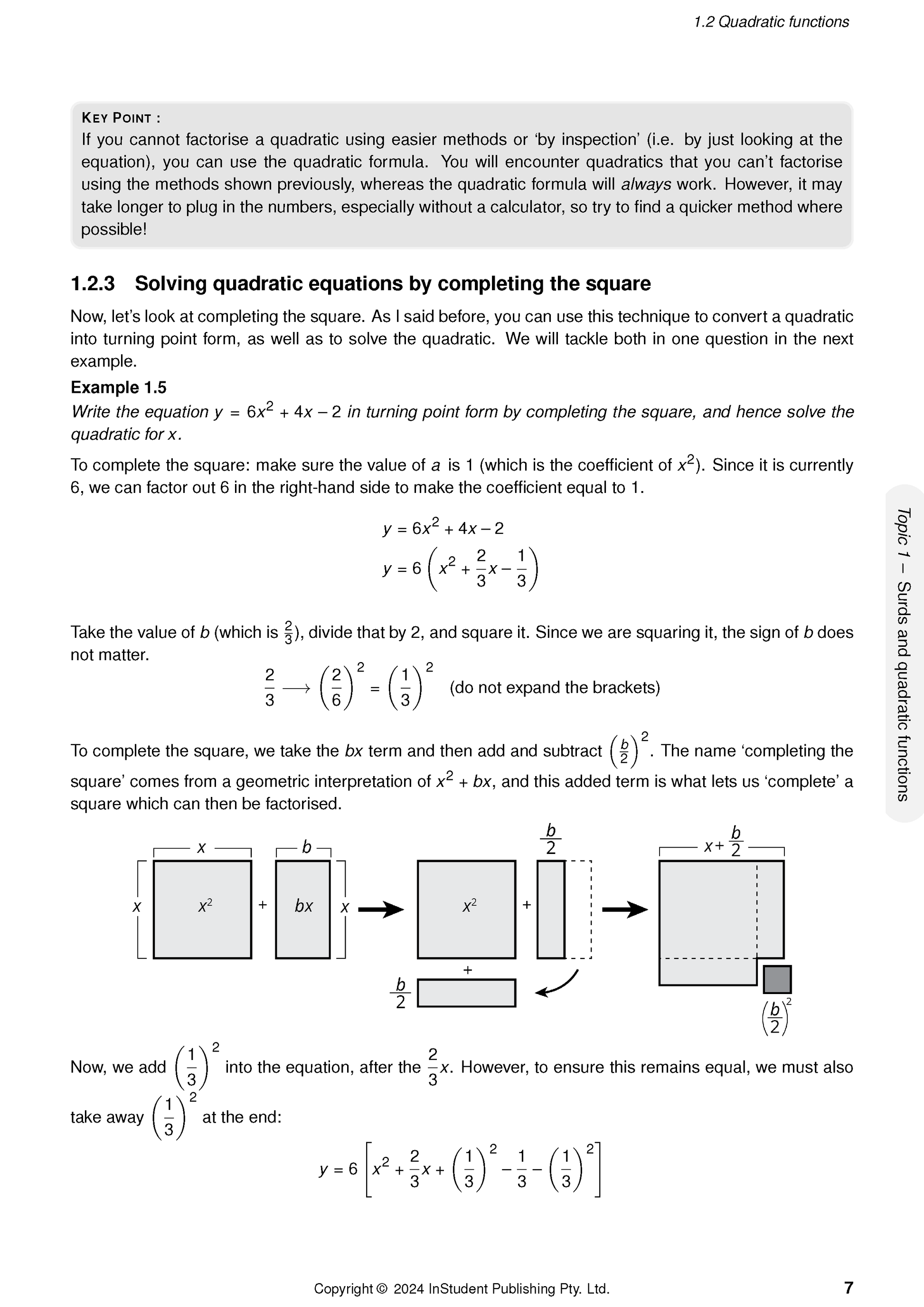QCE Maths Methods Course Notes by ATAR Notes, displaying a page on quadratic functions with equations and geometric diagrams for completing the square.