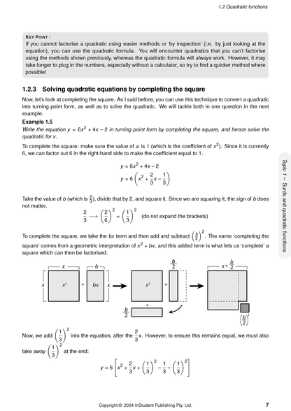 QCE Maths Methods Course Notes by ATAR Notes, displaying a page on quadratic functions with equations and geometric diagrams for completing the square.