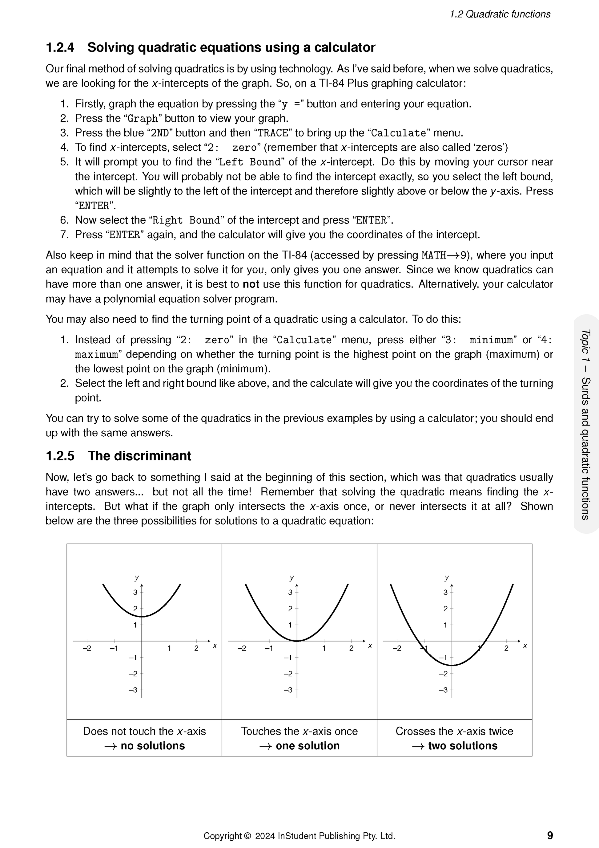 QCE Maths Methods 1&2 Complete Course Notes for 2025-2027 by ATAR Notes, a page showing quadratic equations and solution graphs.