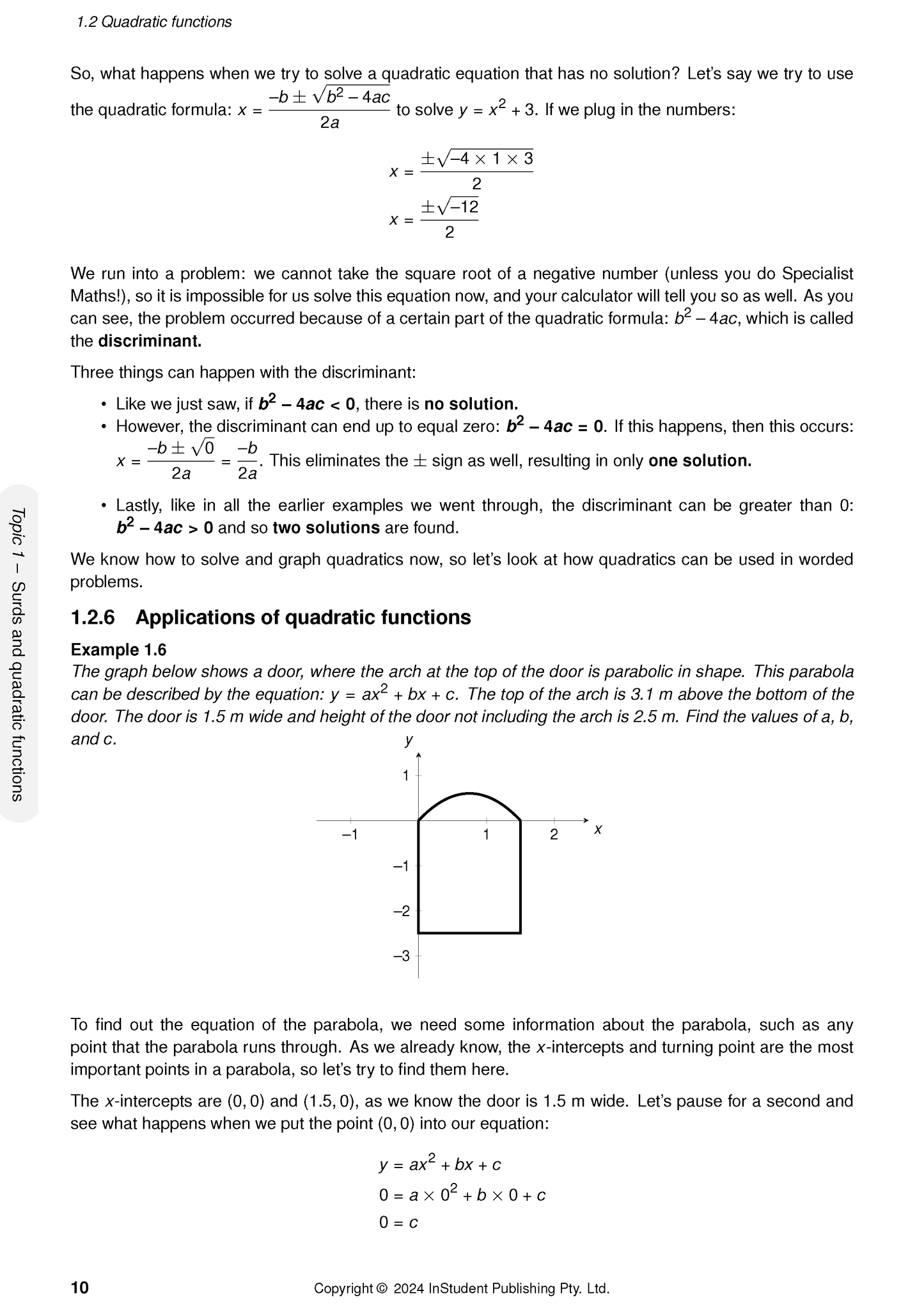Course Notes page by ATAR Notes displaying 'Quadratic functions' content with equations, definitions, and a parabolic door graph.
