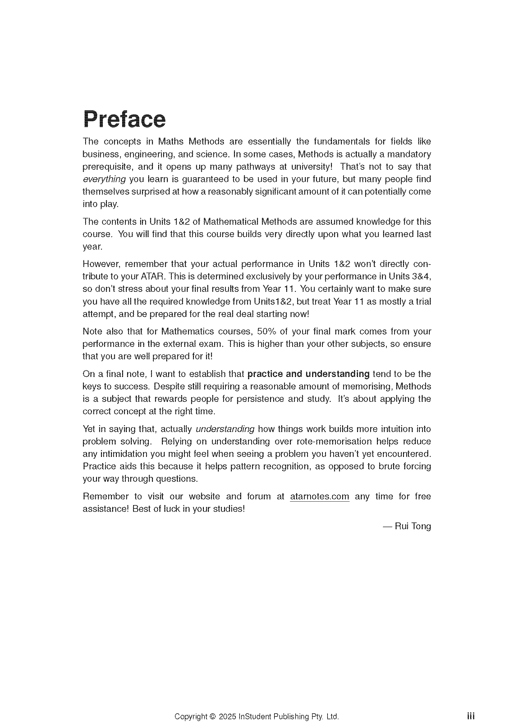 Maths Methods Course Notes from ATAR Notes, showing the Preface page with introductory text.
