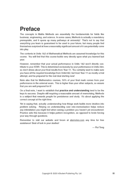 Maths Methods Course Notes from ATAR Notes, showing the Preface page with introductory text.