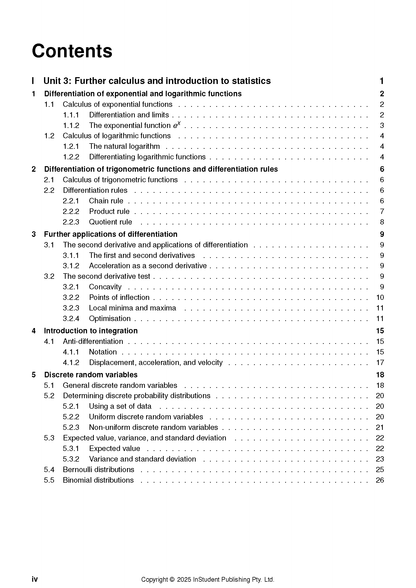 Course Notes by ATAR Notes, showing a table of contents with topics like differentiation, integration, and discrete random variables.