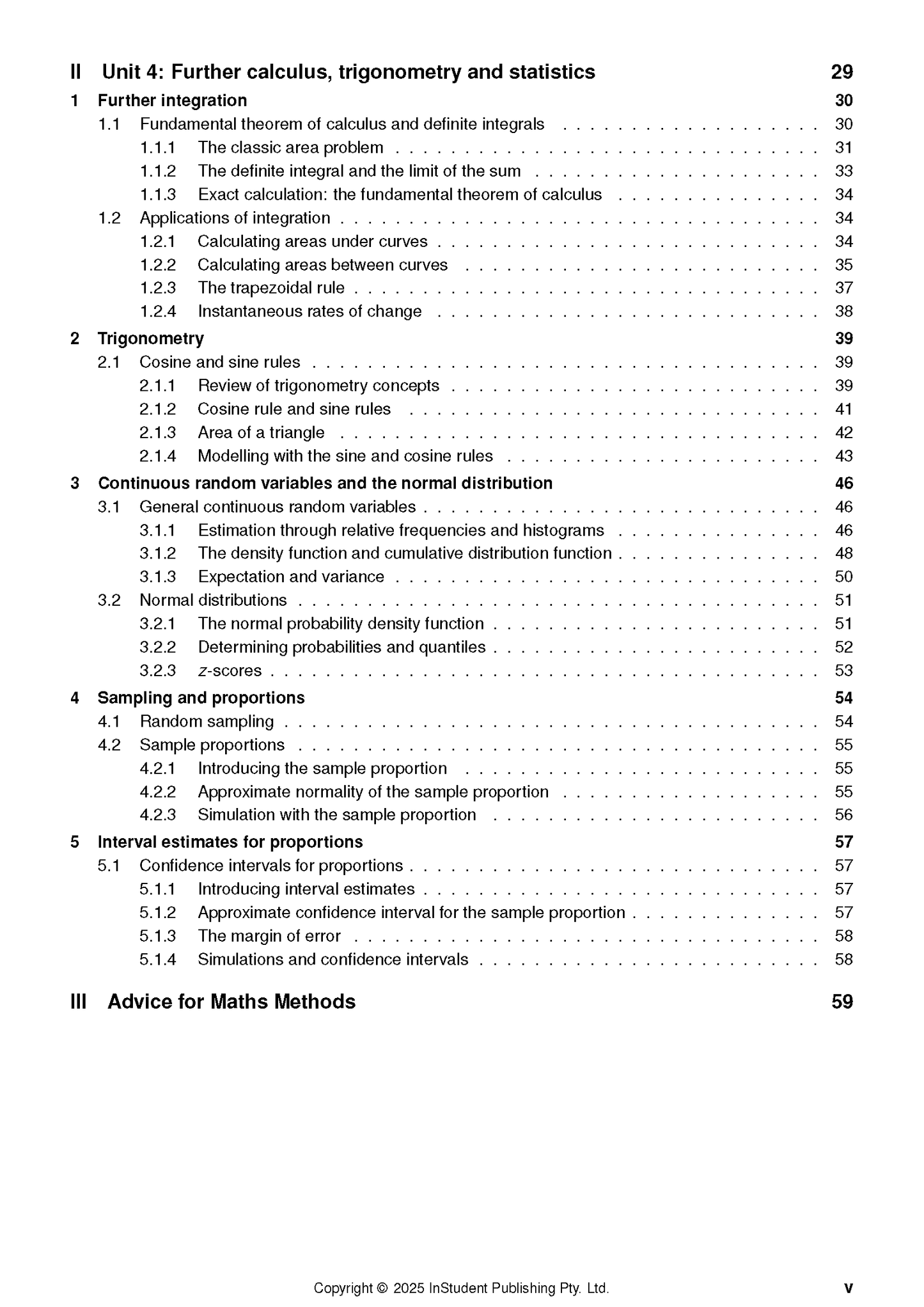 Course Notes for Maths Methods 3&4 by ATAR Notes, showing the table of contents with sections on calculus, trigonometry, and statistics.