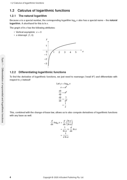 Maths methods course notes by ATAR Notes, displaying a page on logarithmic functions with a graph and calculus derivations.