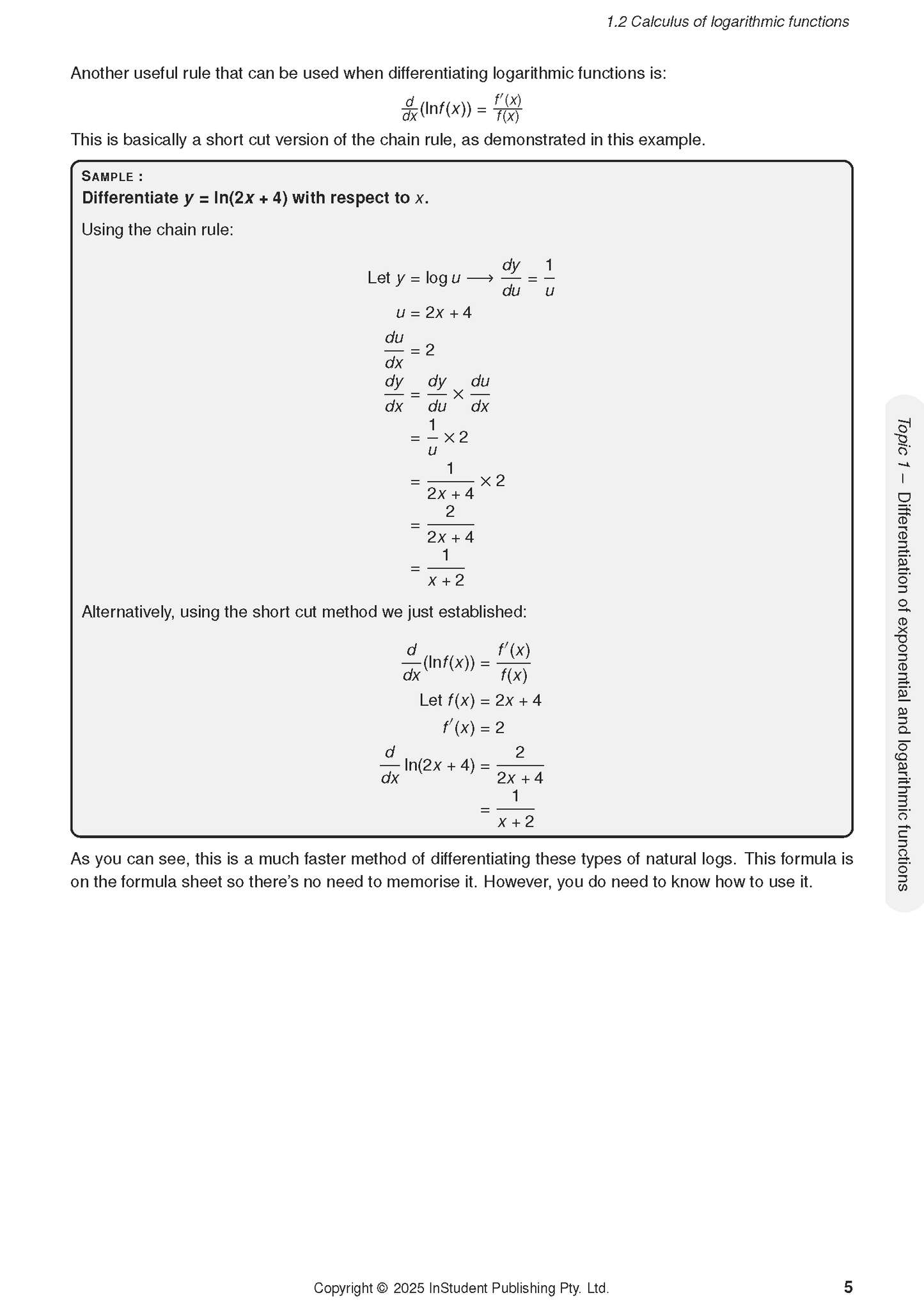 Maths Methods Course Notes 3&4 for QCE from ATAR Notes showing a page on calculus of logarithmic functions with formulas and examples.