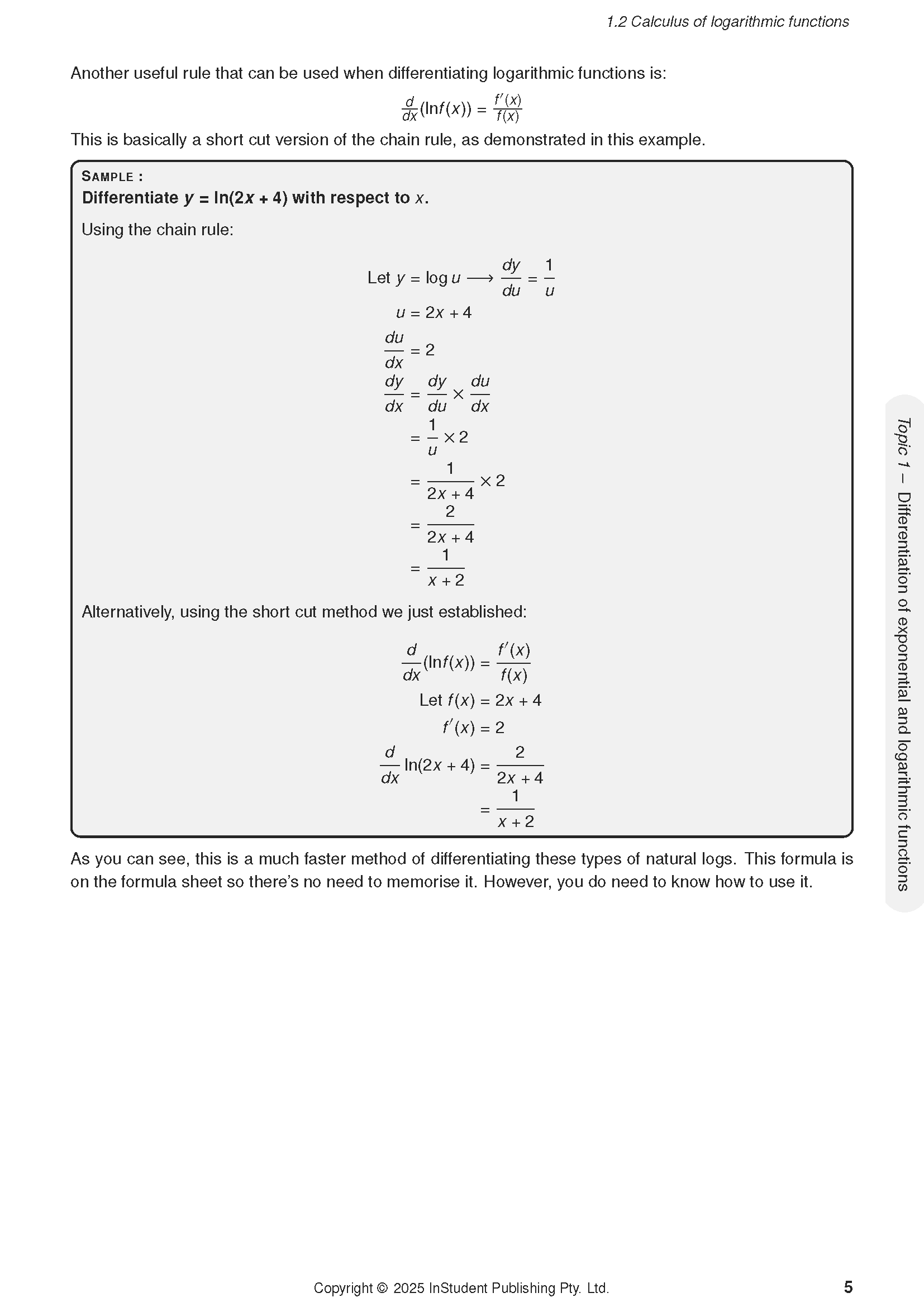 Maths Methods Course Notes 3&4 for QCE from ATAR Notes showing a page on calculus of logarithmic functions with formulas and examples.