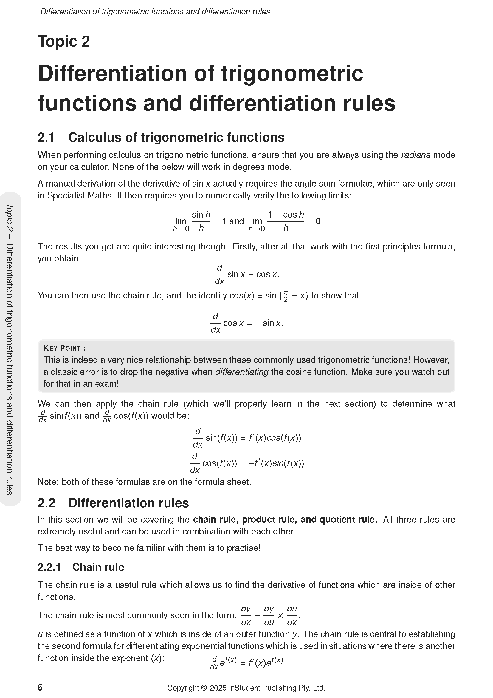 Mathematical course notes page by ATAR Notes detailing trigonometric differentiation rules, featuring text and formulas.