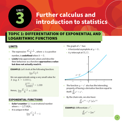 Maths Methods 3&4 QCE Summary Sheets by ATAR Notes, displaying Unit 3 content with formulas, a graph of y=e^x, and text on a colorful page.