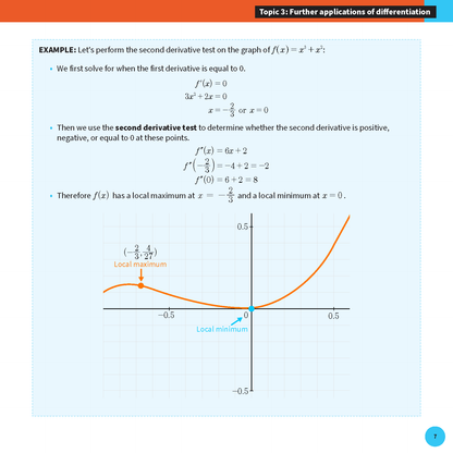QCE Maths Methods 3&4 Summary Sheet by ATAR Notes, showing a detailed example of the second derivative test with a function's graph.