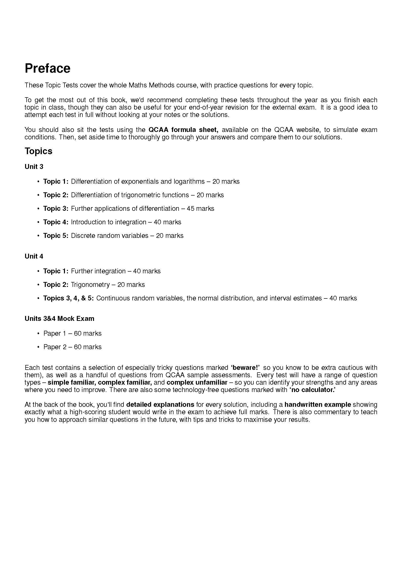 QCE Maths Methods 3&4 Topic Tests by ATAR Notes displaying a preface and topic list page with black text on a white background.