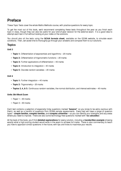 QCE Maths Methods 3&4 Topic Tests by ATAR Notes displaying a preface and topic list page with black text on a white background.