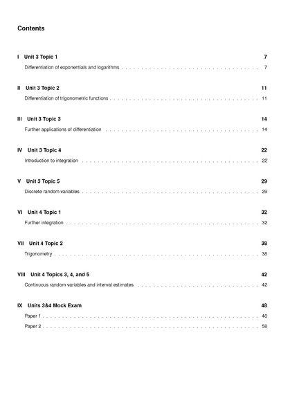 Maths Methods 3&4 Topic Tests by ATAR Notes, displaying a table of contents page with units and topics.