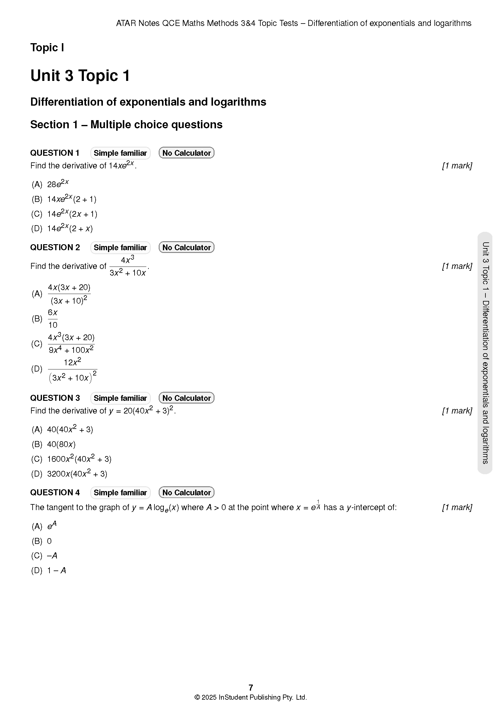 Topic Test booklet for QCE Maths Methods 3&4 from ATAR Notes, showing a page of differentiation questions.