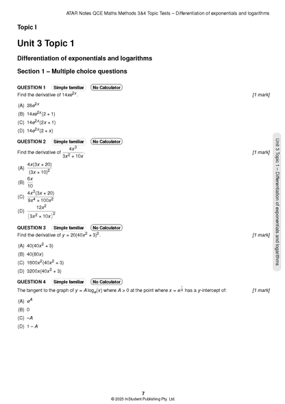Topic Test booklet for QCE Maths Methods 3&4 from ATAR Notes, showing a page of differentiation questions.