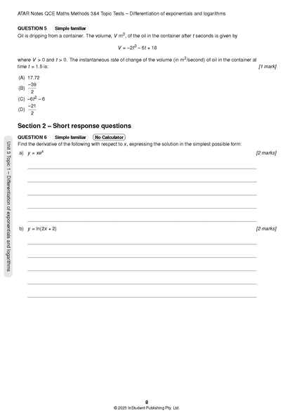 Maths Methods Topic Tests page by ATAR Notes, showing differentiation questions on exponentials and logarithms with blank answer lines.