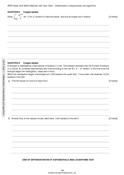 QCE Maths Methods 3&4 Topic Tests by ATAR Notes, a white page showing math problems on exponentials and logarithms.