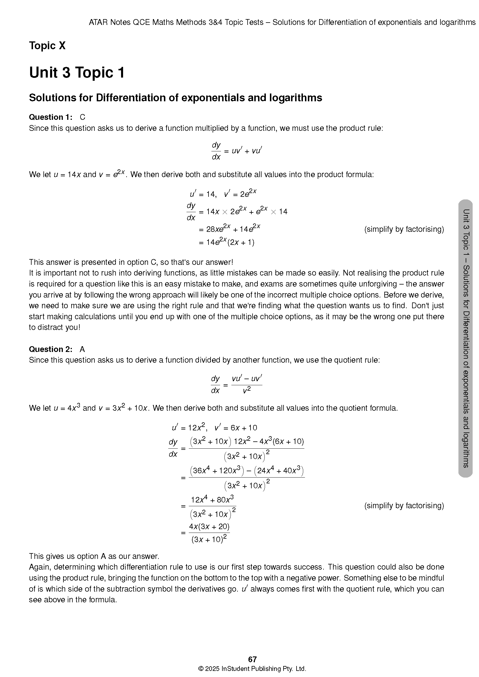 QCE Maths Methods Topic Tests by ATAR Notes, displaying a solutions page with differentiation formulas and worked examples.
