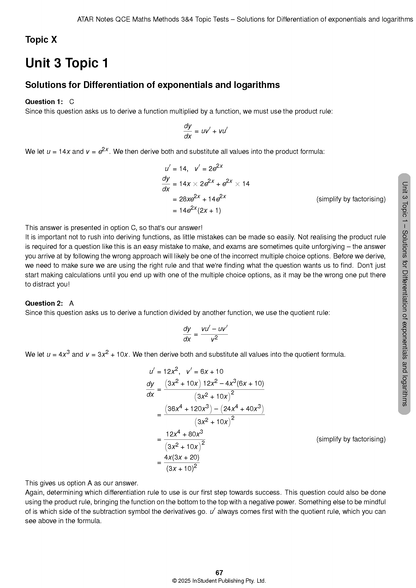 QCE Maths Methods Topic Tests by ATAR Notes, displaying a solutions page with differentiation formulas and worked examples.