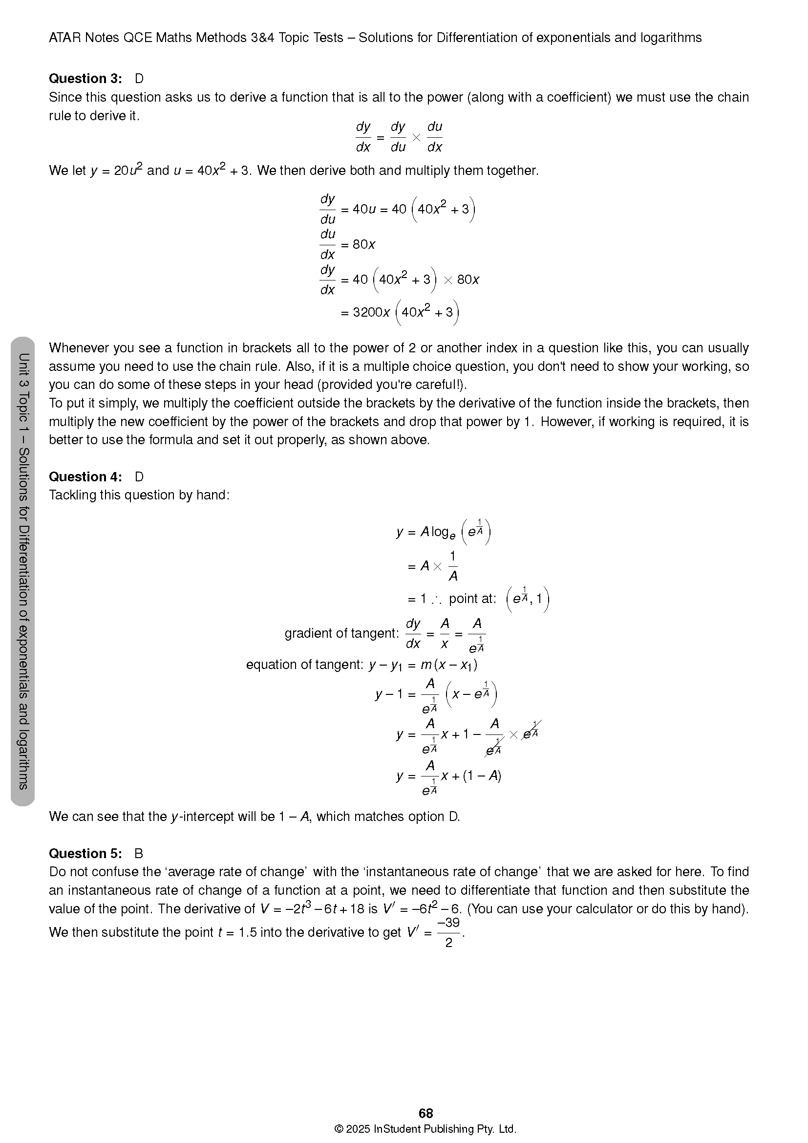 QCE Maths Methods Topic Tests solution page by ATAR Notes, displaying worked calculus problems on differentiation.