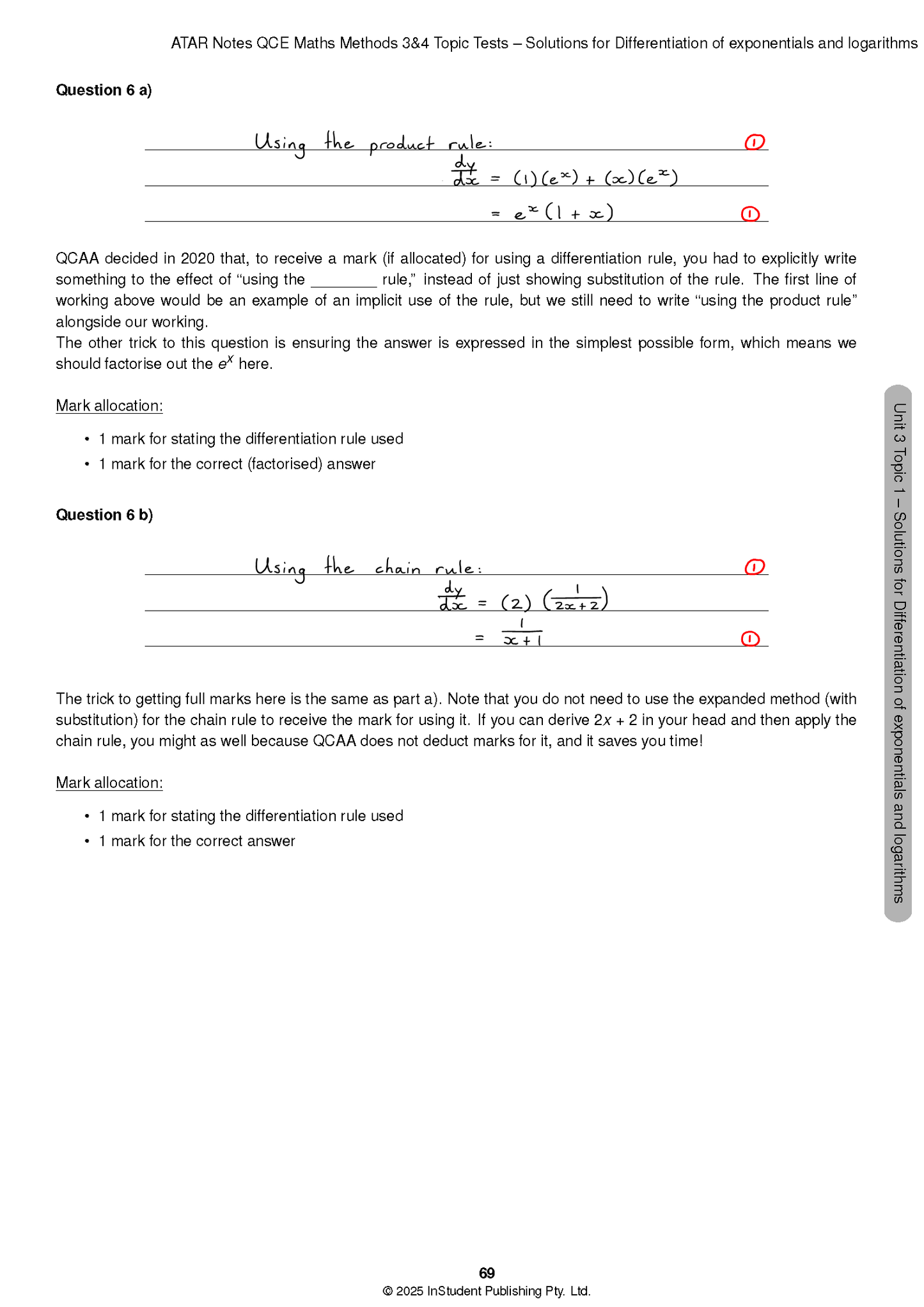 Maths Methods Topic Test solutions page from ATAR Notes, showing handwritten answers for differentiation questions.