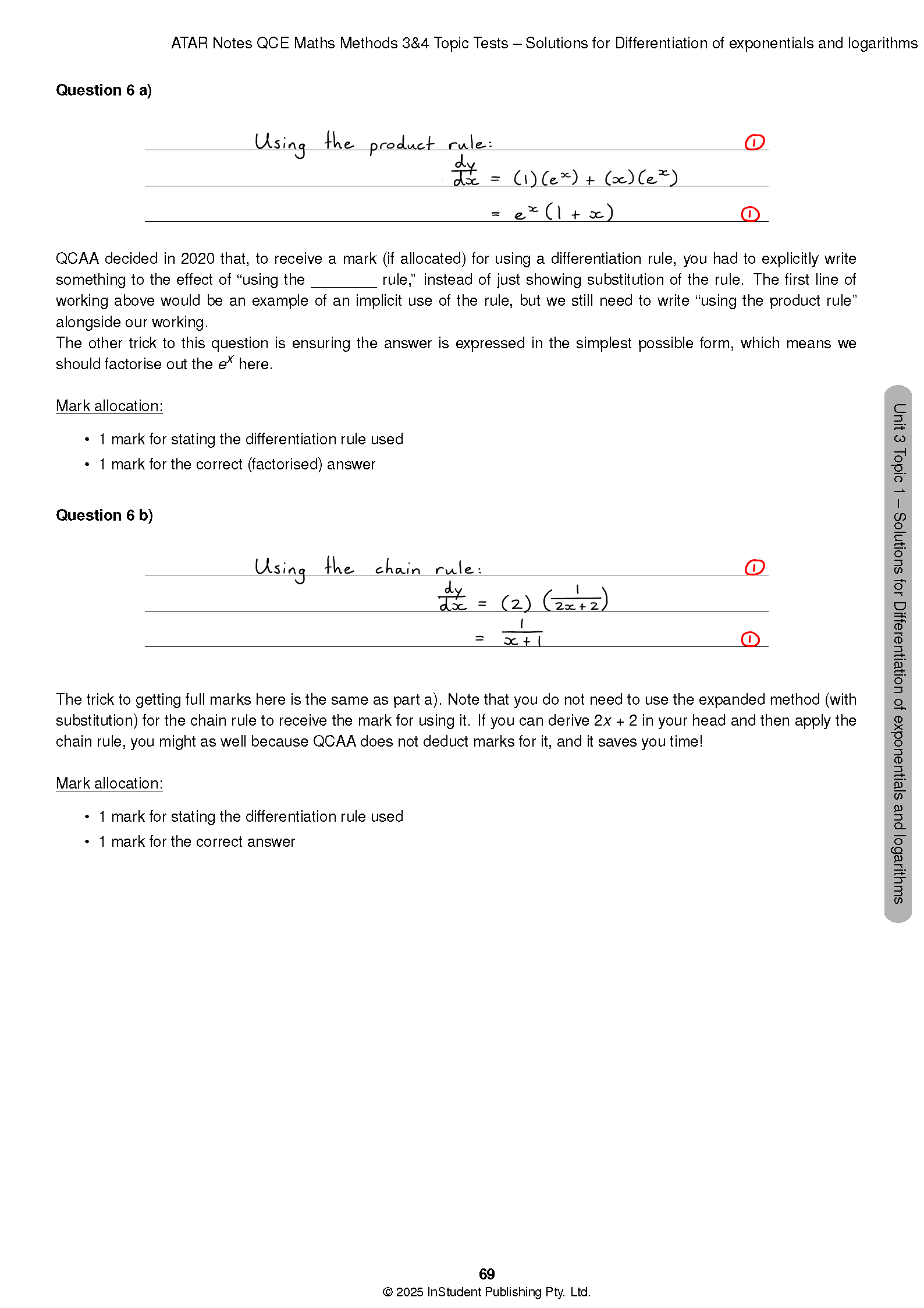 Maths Methods Topic Test solutions page from ATAR Notes, showing handwritten answers for differentiation questions.