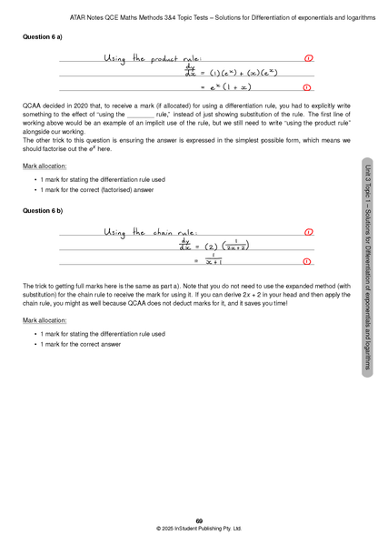 Maths Methods Topic Test solutions page from ATAR Notes, showing handwritten answers for differentiation questions.